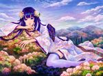  blue_hair clouds flowers japanese_clothes kemi_neko kimono long_hair original pantyhose purple_eyes sky 