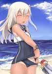  bare_shoulders beach blonde_hair blue_sky blue_swimsuit blush closed_eyes cloud covered_navel cowboy_shot crop_top dark_skin day fan hair_ornament hot kantai_collection lifebuoy long_hair mr.lostman ocean old_school_swimsuit one-piece_swimsuit one-piece_tan outdoors propeller ro-500_(kantai_collection) sand school_swimsuit school_swimsuit_flap shiny shiny_skin shirt shore sky sleeveless sleeveless_shirt solo standing summer swimsuit tan tanline torpedo water white_shirt 