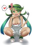  breasts dark_skin flower green_eyes green_hair hair_flower hair_ornament heart highres hitotsuki_nebura ladle long_hair mao_(pokemon) nipple_slip nipples no_bra one-piece_swimsuit open_mouth overalls pokemon pokemon_(game) pokemon_sm shoes shorts small_breasts smile solo spoken_heart spread_legs squatting swimsuit swimsuit_under_clothes trial_captain twintails 