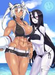  abs battleship_hime bikini black_hair breasts brown_eyes choker commentary_request covered_nipples dark_skin eyewear_on_head glasses hair_between_eyes highres holding_arm horn horns kantai_collection large_breasts long_hair looking_at_viewer midriff mizuumi_(bb) multiple_girls musashi_(kantai_collection) muscle muscular_female navel oni_horns open_mouth pale_skin pointy_hair red_eyes shinkaisei-kan short_hair_with_long_locks smile smiley_face swimsuit tall twintails two_side_up very_long_hair white_hair white_skin 