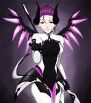  alternate_costume bia_(351401676) bodysuit breasts cowboy_shot dark_persona demon_horns demon_tail ear_piercing emblem facial_mark faulds forehead_mark gradient gradient_background hair_between_eyes highres holding holding_staff horns imp_mercy light_smile lipstick looking_at_viewer makeup mechanical_wings medium_breasts mercy_(overwatch) outstretched_hand overwatch piercing ponytail purple_background purple_eyes purple_hair purple_lipstick purple_wings solo spread_wings staff tail wings 