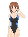  breasts brown_eyes brown_hair cleavage competition_swimsuit girls_und_panzer highleg highleg_swimsuit highres kagemusha large_breasts nishizumi_miho one-piece_swimsuit short_hair smile solo standing swimsuit 