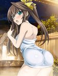  ass bare_back bare_shoulders brown_hair eyebrows eyebrows_visible_through_hair green_eyes hair_ribbon huang_lingyin infinite_stratos long_hair looking_at_viewer lowres naked_towel open_mouth outdoors ribbon solo towel twintails wet yellow_ribbon 