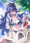  2016 alolan_exeggutor alolan_form alternate_breast_size ario artist_name beach bikini blue_bikini blue_eyes blue_hair blue_sky breasts cleavage dated day front-tie_bikini front-tie_top gen_7_pokemon hairband hex_maniac_(pokemon) jacket large_breasts long_hair long_sleeves navel open_clothes open_jacket outdoors palm_tree pokemon pokemon_(creature) pokemon_(game) pokemon_sm pokemon_xy purple_hairband sandygast sitting sketch sky smile summer swimsuit tree trowel very_long_hair water 