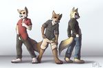  2016 4_fingers 4_toes anthro blue_eyes blush boxer_briefs brown_eyes brown_fur brown_hair bulge butt canine chest_tuft claws clothed clothing dingo dog duo feet fur grin hair hand_in_pants husky inner_ear_fluff iztli looking_at_viewer male mammal nervous open_pants paws short_hair shy simple_background smile smirk toes tuft underwear undressing yellow_fur 