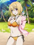  bikini blonde_hair breasts charlotte_dunois cleavage collarbone day eyebrows eyebrows_visible_through_hair grey_ribbon groin hair_ribbon infinite_stratos jacket jewelry long_hair looking_at_viewer lowres medium_breasts navel necklace open_clothes open_jacket orange_bikini outdoors palm_tree pink_jacket purple_eyes ribbon side-tie_bikini solo swimsuit tree 