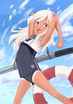  armpit blush child cloud day eyebrows flower hair_ornament kantai_collection long_hair looking_at_viewer m-thet one-piece_swimsuit open_mouth outdoors ro-500_(kantai_collection) sky solo swimsuit tan 