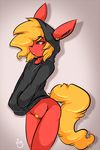  2016 anthro big_hair black_nose black_pussy black_sclera blonde_hair bottomless breasts cinnamon_swirl clothed clothing duckdraw eeveelution female flareon fur glowing glowing_eyes hair hair_over_eye hands_in_pockets hoodie looking_at_viewer nintendo pok&eacute;mon pubes pussy red_eyes red_fur shadow simple_background small_breasts solo thick_bottom_lip video_games wide_hips 