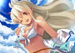  :d ahoge arms_at_sides bare_arms bare_shoulders bikini bikini_pull breast_lift breasts clothes_down cloud cloudy_sky day dragon flower from_side granblue_fantasy hair_between_eyes hair_flower hair_ornament long_hair looking_at_viewer medium_breasts navel one_eye_closed onikiri open_mouth red_eyes sky smile solo stomach swimsuit upper_body white_background white_bikini zooey_(granblue_fantasy) 