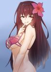  breasts brown_hair fate/grand_order fate_(series) flower hair_flower hair_ornament hibiscus large_breasts licking_lips long_hair orange_eyes scathach_(fate)_(all) scathach_(swimsuit_assassin)_(fate) solo swimsuit tilt-shift tongue tongue_out underboob 