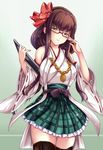  adjusting_eyewear alternate_costume aoki_hagane_no_arpeggio arms_at_sides bangs bare_shoulders blunt_bangs breasts brown_hair brown_legwear clipboard cosplay detached_sleeves glasses green_skirt hair_ribbon hairband hiei_(aoki_hagane_no_arpeggio) hiei_(kantai_collection) hiei_(kantai_collection)_(cosplay) highres japanese_clothes kantai_collection light_brown_eyes light_brown_hair lips long_hair long_sleeves looking_at_viewer medium_breasts namesake nontraditional_miko parted_lips plaid plaid_skirt ribbon skirt solo taka-kun thighhighs wide_sleeves zettai_ryouiki 