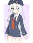  :&lt; alternate_costume alternate_headwear anchor blue_eyes blush breasts cosplay dress hair_between_eyes hat hibiki_(kantai_collection) highres kantai_collection long_hair long_sleeves looking_at_viewer neckerchief rateratte sailor_collar sailor_dress sailor_hat silver_hair small_breasts solo uniform z1_leberecht_maass_(kantai_collection) z1_leberecht_maass_(kantai_collection)_(cosplay) 