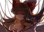  alternate_eye_color ascot bangs bare_shoulders bow brown_hair detached_sleeves dress hair_bow hair_ornament hair_tie hakurei_reimu hands_clasped hands_up interlocked_fingers juine long_hair looking_at_viewer own_hands_together red_dress red_eyes red_ribbon ribbon sidelocks solo touhou upper_body 