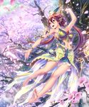  bare_legs bare_shoulders barefoot bird breasts cherry_blossoms commentary cygames dress fantasy flower flower_on_head full_body granblue_fantasy green_eyes highres hisakata_souji large_breasts leaf leaf_on_head long_hair petals plant plant_girl pointy_ears red_hair shingeki_no_bahamut solo tree twintails vines white_skin yggdrasil_(granblue_fantasy) 