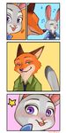  badge black_fur black_nose blush buckteeth canine clothing comic disney fox fur grey_fur judy_hopps lagomorph long_ears mammal necktie nick_wilde orange_fur pink_nose police_uniform rabbit smile star teeth uniform white_fur zootopia ろく 