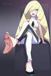  barefoot blonde_hair blush dress feet footjob furanh green_eyes lusamine_(pokemon) pokemon pokemon_(game) pokemon_sm single_shoe smile toes 