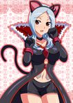  1girl animal_ears aokura_shou bare_shoulders blue_hair blush breasts cat_ears cat_tail collarbone eas fake_animal_ears fresh_precure! frills frown higashi_setsuna highres hood long_hair looking_at_viewer midriff navel open_mouth paw_pose pink_background precure red_eyes short_shorts shorts simple_background solo tail thighhighs 