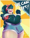 big_breasts blush breasts clothing damianvertigo english_text eyes_closed fangs female fingerless_gloves gloves hair headwear muscular muscular_female nintendo open_mouth overalls pok&eacute;mon pok&eacute;morph smile snorlax solo tattoo text thick_thighs video_games 