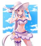  adapted_costume arms_up artist_name bare_shoulders bikini bikini_skirt blue_sky blush breasts cleavage cloud dated day detached_collar elf emilia_(re:zero) flower hair_flower hair_ornament hands_on_headwear hat hat_ribbon highres large_breasts long_hair looking_at_viewer low-tied_long_hair navel pointy_ears purple_bikini_bottom purple_eyes purple_ribbon re:zero_kara_hajimeru_isekai_seikatsu ribbon scrunchie signature silver_hair skirt sky smile solo string_bikini sun_hat swimsuit very_long_hair wrist_scrunchie youl 