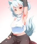  1girl :&lt; animal_ears arm_up armpits blush breasts crop_top elbow_gloves erect_nipples frown gloves highres inubashiri_momiji midriff navel red_eyes shirt sideboob skindentation sleeveless solo steam tail taut_clothes taut_shirt tenyunkel touhou wavy_mouth white_hair wolf_ears wolf_tail 