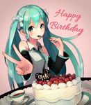  aqua_eyes aqua_hair aqua_neckwear bad_id bad_pixiv_id bare_shoulders blueberry breasts cake chocolate chocolate_heart collared_shirt cup detached_sleeves eighth_note english eyebrows eyebrows_visible_through_hair food fruit grey_shirt hair_between_eyes hair_ornament hair_scrunchie happy_birthday hatsune_miku head_tilt heart holding holding_spoon long_hair looking_at_viewer mouth_hold musical_note necktie number pink_background rjngo saucer scrunchie shirt sleeveless sleeveless_shirt small_breasts solo spoon strawberry teacup twintails upper_body v very_long_hair vocaloid wing_collar 
