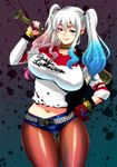  bat blush breasts harley_quinn harley_quinn_(cosplay) huge_breasts kantai_collection kashima_(kantai_collection) looking_at_viewer multicolored_hair pantyhose perepere-kun shorts silver_hair smile suicide_squad twintails white_hair 