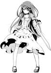  dress flower fukushima_masayasu greyscale hair_flower hair_ornament highres long_hair mary_janes monochrome re:zero_kara_hajimeru_isekai_seikatsu shoes solo sword theresia_van_astrea two_side_up weapon 