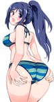  1girl ariaridoradora ass ass_grab bare_shoulders bikini blue_hair blush breasts from_behind highres long_hair looking_at_viewer looking_back love_live! love_live!_sunshine!! matsuura_kanan open_mouth ponytail purple_eyes sideboob simple_background solo striped striped_bikini swimsuit white_background 