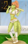  2016 amber_eyes anthro baseball_bat breasts cleavage clothed clothing crocodile crocodilian elvofirida female footwear holding_object legwear looking_at_viewer midriff non-mammal_breasts outside reptile scalie shoes socks solo spots standing 