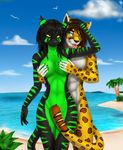  abs anthro beach breasts duo elvofirida feline female male mammal nude outside seaside smile spots standing stripes tiger tongue tongue_out wide_hips 