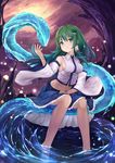  aqua_eyes bare_shoulders barefoot blue_skirt breasts commentary_request detached_sleeves frilled_skirt frills frog_hair_ornament green_hair hair_between_eyes hair_ornament hair_tubes hand_on_own_thigh highres kochiya_sanae light_particles long_hair looking_at_viewer medium_breasts midriff no_navel pi-pie purple_sky shirt sideboob sitting sitting_on_animal skirt smile snake snake_hair_ornament solo touhou water white_shirt wide_sleeves 
