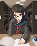  :d bad_id bad_pixiv_id blue-framed_eyewear blue_eyes book bookshelf brown_hair cardigan eyebrows eyebrows_visible_through_hair glasses hair_ornament hairclip head_tilt highres holding holding_pencil indoors left-handed library long_hair looking_at_viewer math mechanical_pencil neckerchief open_book open_mouth original pencil pov_across_table rjngo roman_numerals school_uniform serafuku sitting sleeves_past_wrists smile solo treble_clef 