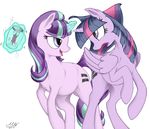  2016 cutie_mark duo equine eye_contact feathered_wings feathers female feral friendship_is_magic fur graboiidz hair horn jar magic mammal multicolored_hair my_little_pony pink_fur purple_eyes purple_fur simple_background smile starlight_glimmer_(mlp) twilight_sparkle_(mlp) unicorn white_background winged_unicorn wings 