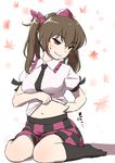  :3 belly_grab black_legwear blush breasts brown_eyes brown_hair checkered checkered_skirt full_body hat himekaidou_hatate leaf medium_breasts miniskirt navel necktie plump sitting skirt socks solo sweat tokin_hat touhou twintails v-shaped_eyebrows wamu_(chartreuse) wariza weight_conscious 