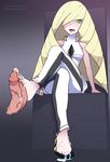  barefoot blonde_hair blush cum cum_on_lower_body dress feet footjob furanh green_eyes lusamine_(pokemon) pokemon pokemon_(game) pokemon_sm single_shoe smile toes 