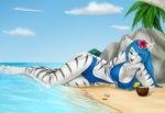 anthro breasts canine clothing coconut elvofirida feline female food fruit hybrid looking_at_viewer lying mammal on_side outside smile solo stripes swimsuit tiger white_tiger wide_hips 