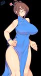  artist_name bead_bracelet beads black_background bracelet breasts brown_hair character_name china_dress chinese_clothes covered_navel covered_nipples curvy dress glasses groin hair_bun hair_ornament hair_stick hand_on_hip highres jewelry large_breasts looking_at_viewer mei_(overwatch) mukka overwatch perky_breasts simple_background smile solo suggestive_fluid wide_hips 