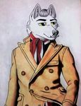  anthro arctic_wolf canine clothing coat facial_hair frederick_von_fappel frederick_von_fappel_(artist) fur grey_hair hair half-lenght_portrait male mammal mustache old portrait scarf simple_background solo suit traditional_media_(artwork) white_background white_fur wolf yellow_eyes 