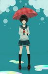  bad_id bad_pixiv_id black_hair black_legwear blue_background blue_eyes blush brown_footwear closed_mouth collarbone eyebrows eyebrows_visible_through_hair frown full_body highres holding holding_umbrella kneehighs loafers long_sleeves looking_at_viewer neckerchief original puddle rjngo school_uniform serafuku shirt shoes solo umbrella wet wet_clothes wet_hair wet_shirt white_shirt 