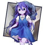  ahoge ao_oni artist_request bangs blue_eyes blue_hair blush dress genderswap genderswap_(mtf) hair_ornament hair_ribbon hat long_hair personification purple_skin ribbon running sidelocks skirt_hold solo sun_hat the_oni_(ao_oni) thigh_ribbon transparent_background very_long_hair 