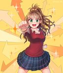  absurdres aqua_eyes brown_hair clenched_hands cowboy_shot directional_arrow high_ponytail highres hino_akane_(idolmaster) idolmaster idolmaster_cinderella_girls kamille_(vcx68) long_hair looking_at_viewer nail_polish open_mouth plaid plaid_skirt pleated_skirt school_uniform scrunchie skirt solo watch wristwatch 