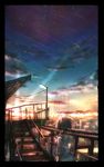  ahoge blurry border building city cloud commentary depth_of_field dusk from_behind haiki_(hakkyoii06) highres horizon lamppost neck_ribbon original railing ribbon scenery see-through shooting_star short_hair sky solo stairs star_(sky) upper_body wind 