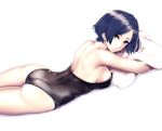  ass back bangs bare_arms bare_shoulders black_hair black_leotard breasts cleavage crossed_arms downscaled from_side hayami_kanade idolmaster idolmaster_cinderella_girls infinote leotard looking_at_viewer looking_to_the_side lying md5_mismatch medium_breasts on_stomach parted_bangs pillow resized short_hair sideboob simple_background solo strapless strapless_leotard thighs towel white_background yellow_eyes 