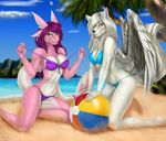  anthro ball beach beach_ball bikini canine clothing dragon duo elvofirida feathered_wings feathers female kneeling looking_at_viewer mammal outside seaside smile swimsuit wings 