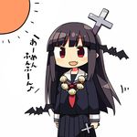  :d bat black_hair black_serafuku chibi cross fang garlic kanikama long_hair looking_at_viewer neckerchief open_mouth original out_of_character pleated_skirt red_eyes school_uniform serafuku skirt smile solo sun translated vampire 