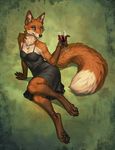  abstract_background alcohol beverage blue_eyes canine clothing digitigrade dress female fluffy fluffy_tail fox hindpaw jewelry looking_at_viewer lounging mammal necklace pawpads paws sitting smile solo watermark wine wolf-nymph 
