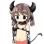  animal_ears bare_shoulders bell breast_conscious brown_hair choker cow_bell cow_ears cow_girl cow_horns cow_tail flat_chest green_eyes horns kanikama lowres original simple_background solo tail tail_raised tears upper_body white_background 