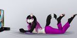  anthro clothed clothing elvofirida female lying mammal mustelid on_front otter simple_background smile solo 