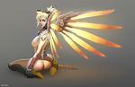  anus ass ass_cutout blonde_hair bodysuit boots breasts brown_legwear brozeks full_body gloves grey_background high_ponytail highres knee_boots large_breasts lips long_hair looking_at_viewer mechanical_halo mechanical_wings mercy_(overwatch) no_panties nose overwatch ponytail sitting solo wariza wings yellow_wings 