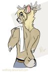  2016 anthro antlers bare_back blonde_hair blue_eyes cervine clothing deer eyebrows eyelashes grey_nose hair horn male mammal pants simple_background solo standing white_background wolflady 